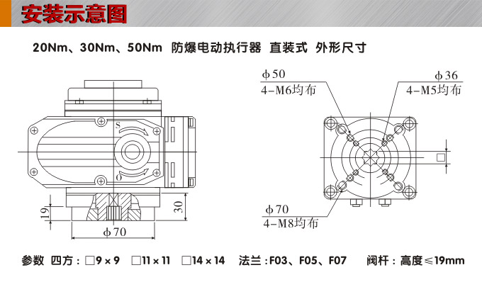 防爆電動頭,YTEx-RKB50防爆電動執(zhí)行器安裝示意圖