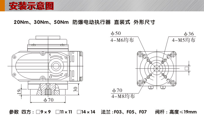 防爆電動(dòng)頭,YTEx-RS50防爆電動(dòng)執(zhí)行器安裝示意圖