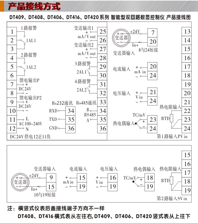 智能數(shù)顯表，DT416G雙光柱數(shù)顯控制儀，雙回路數(shù)顯控制儀接線方式