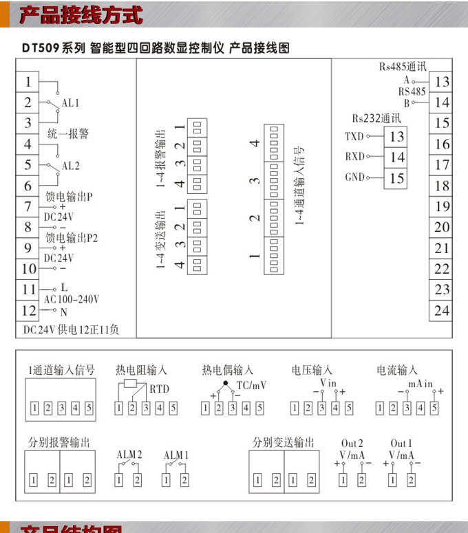 數(shù)顯控制儀，DT509智能四回路數(shù)顯表，多回路巡檢控制儀產(chǎn)品接線方式