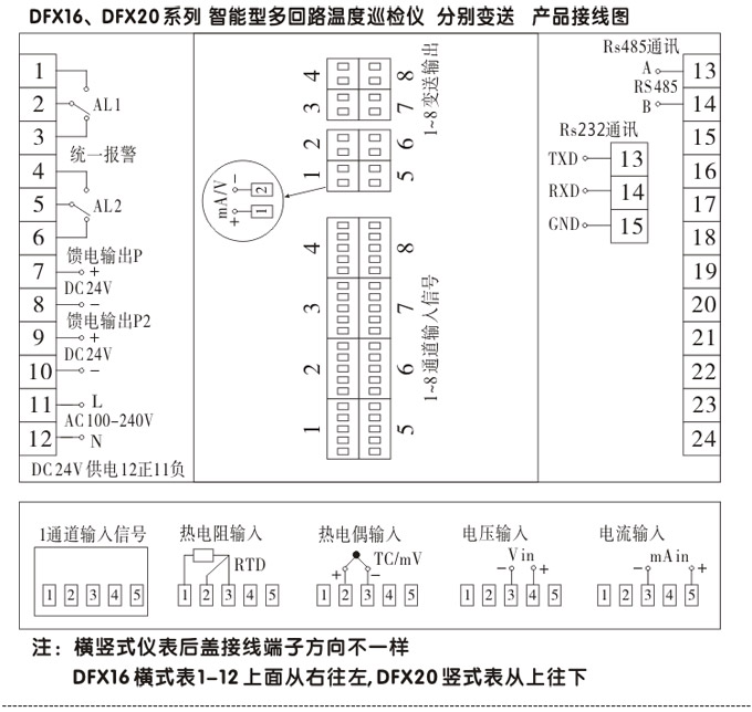 溫度巡檢儀，DFX20多回路溫度巡檢儀，多回路巡檢控制儀接線方式1